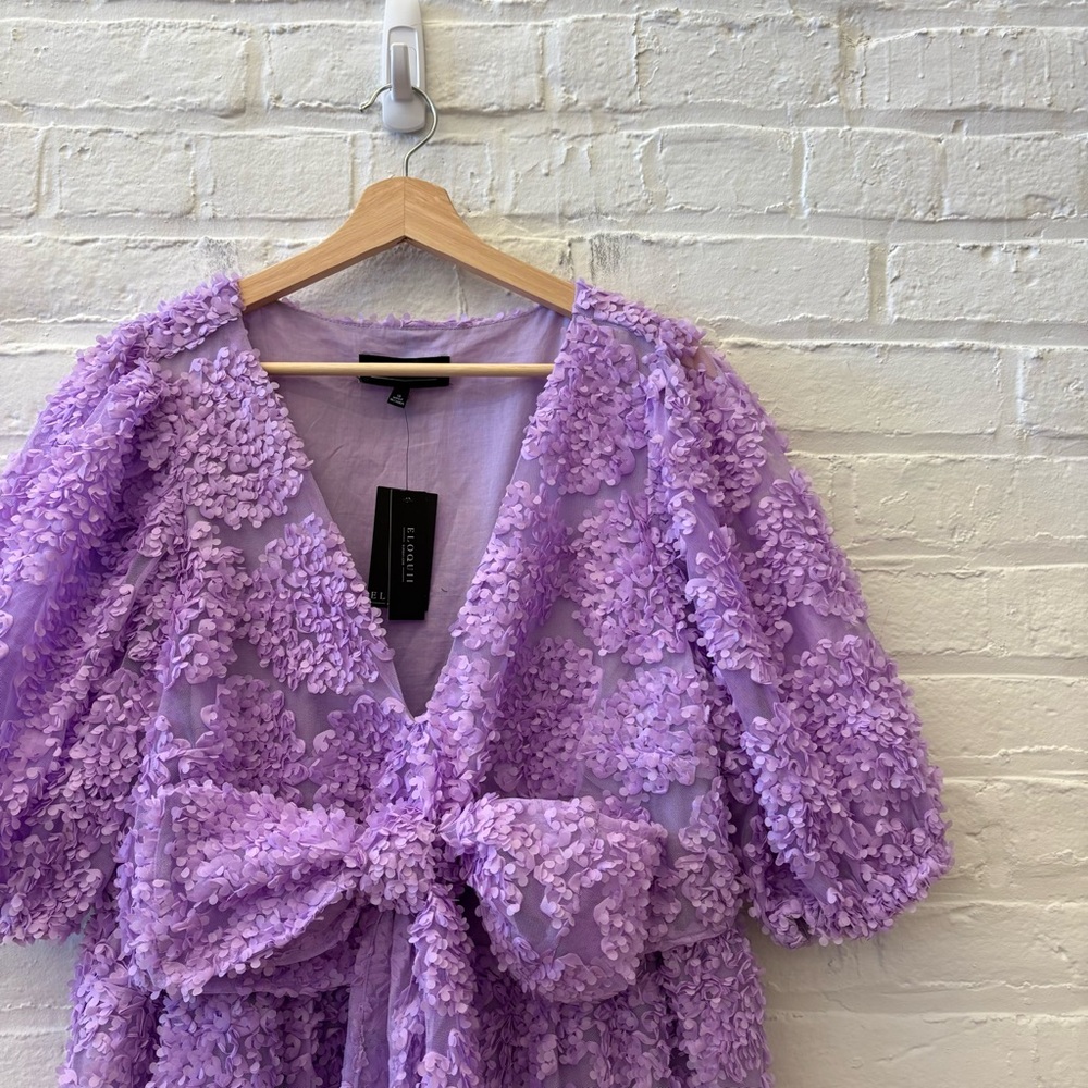 Eloquii || Sheer 3D Flower Mini Dress with Bow in Lavender Purple 16 NWT - Picture 2 of 7